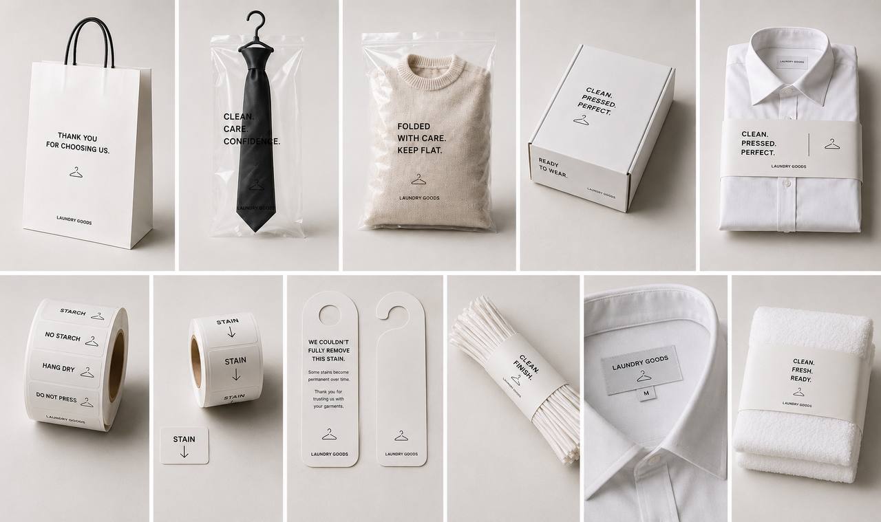 The Laundry Goods collection — branded bags, garment packaging, shirt boxes, care and stain labels, door hangers, hanger ties, collar labels, and folded towels