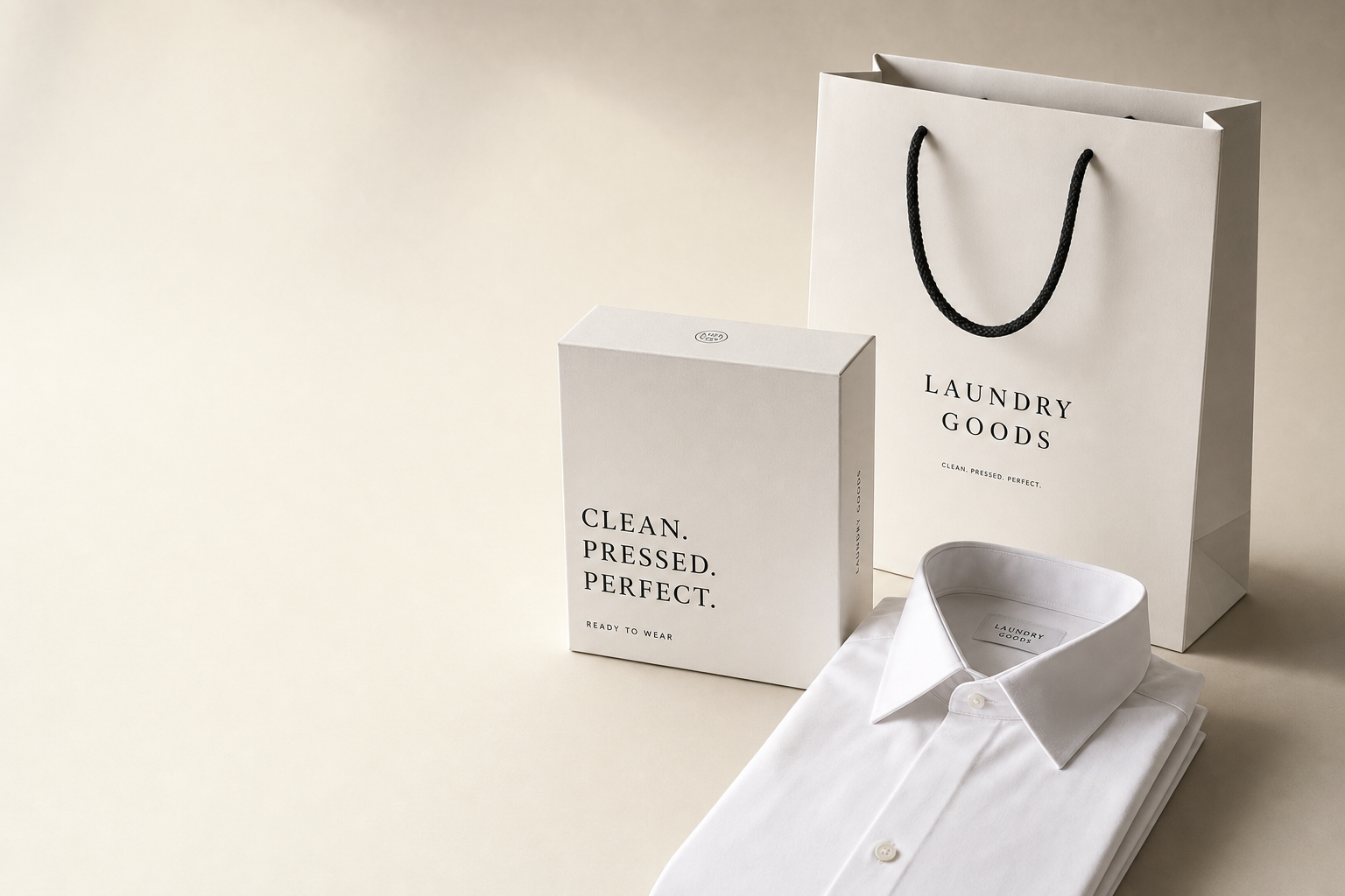 Laundry Goods editorial product photography — branded bag, box, and pressed shirt on a warm putty backdrop